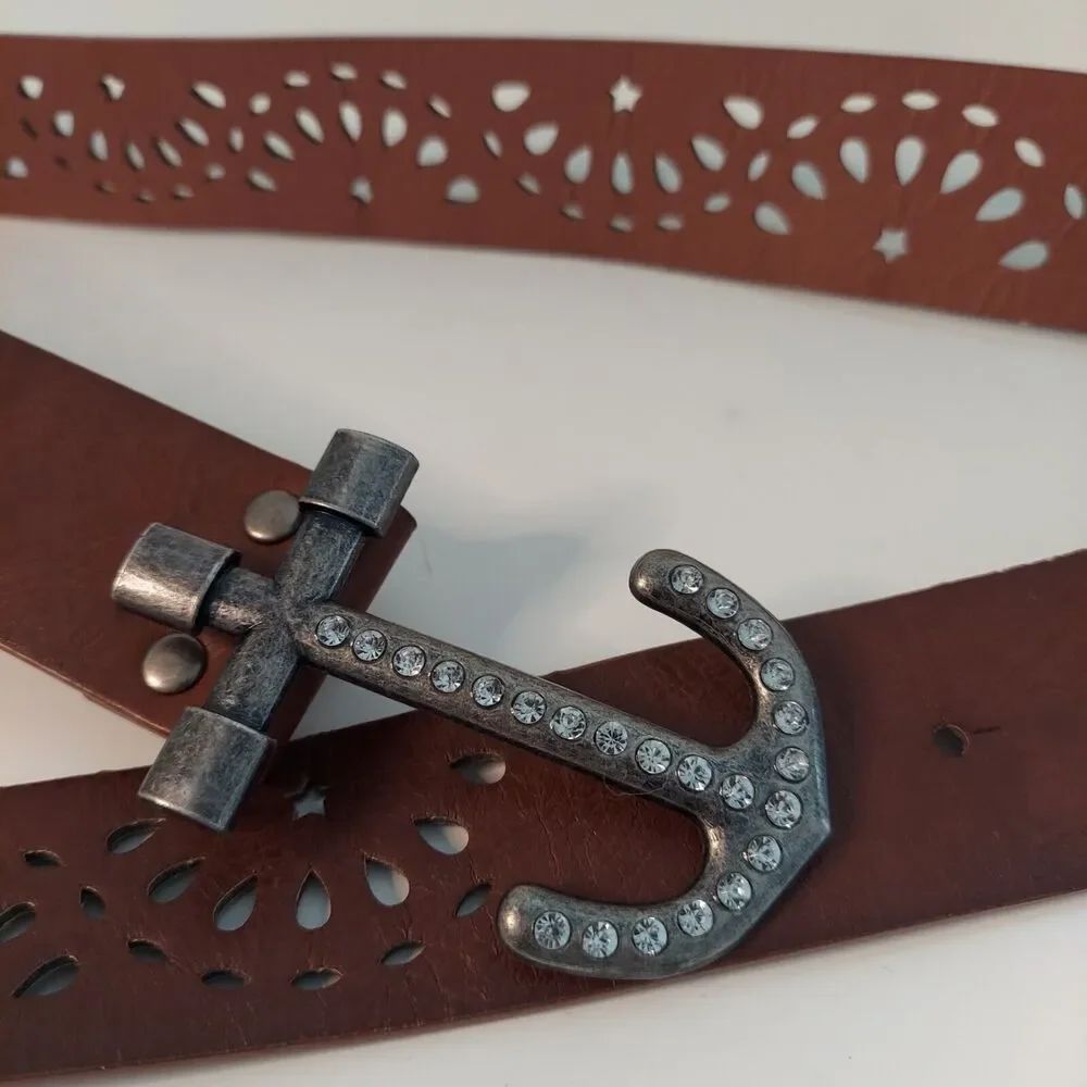 Brown Faux Leather Belt Anchor Buckle Rhinestones Nautical Navy Sailing S / M